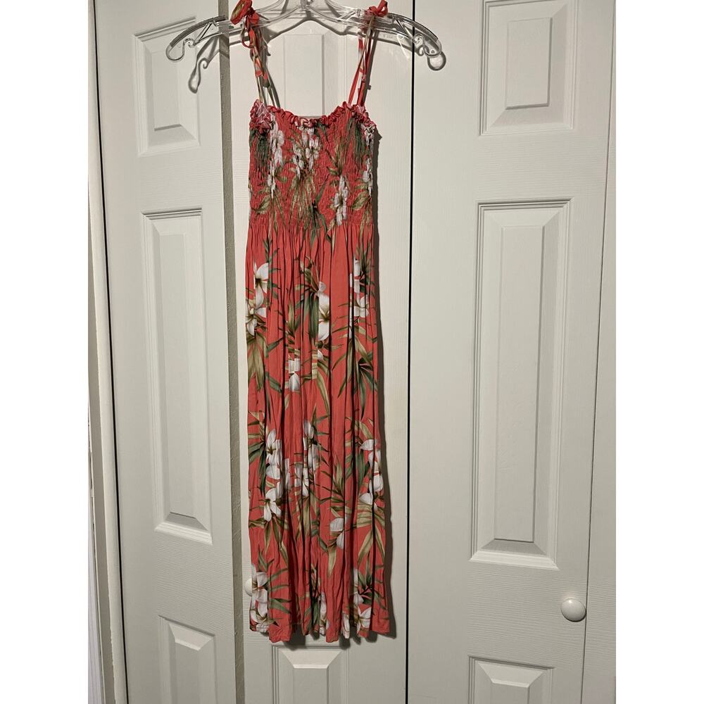 Royal Creations Women’s XL Tropical Maxi Dress Coral Floral Smocked Hawaii EUC